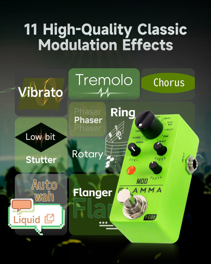 FLAMMA FC05 Mini Modulation Pedal with Chorus Flanger Tremolo Phaser Vibrato Rotary Liquid Autowah Stutter Ring LowBit FC05 Modulation
