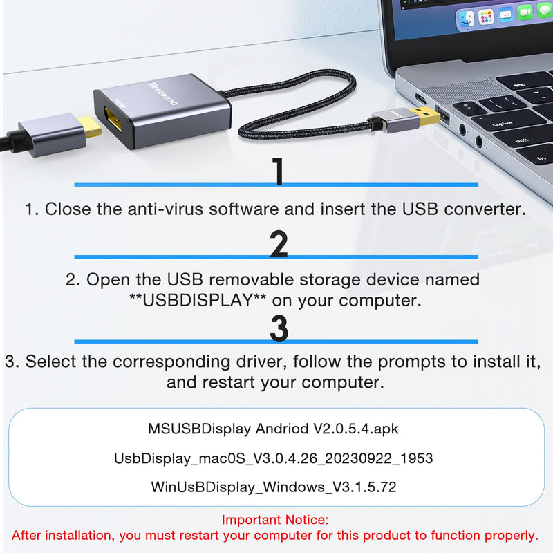 USB to DisplayPort Adapter for Windows 7/8/10/11, MAC OS | 1080P 60Hz USB 3.0 Male to DisplayPort Female Monitor Converter for Windows 7/8/10/11, MAC OS - Requires Driver Silver