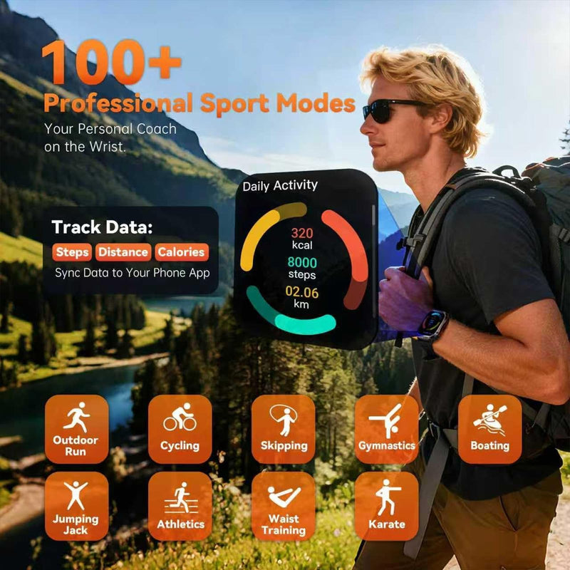 Military Fitness Tracker Smart Watch for Men, Square Black, 1.7" HD | Multiple Sports Modes, 600mAh Battery, IP68 Waterproof, SpO2 Monitor, Flashlight