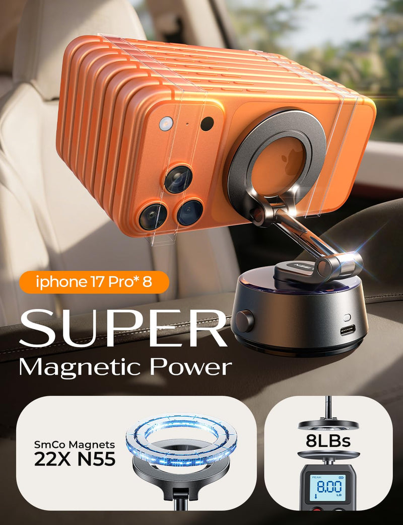 LISEN Suction Phone Mount【2026 Auto Vacuum 3.0】, 360 Adjustable Magnetic Phone Holder for Car Dashboard Universal Magsafe Accessories Gifts for Men Women for iPhone 17 Pro Max Air 16 15 14 13 12 Deep Gray