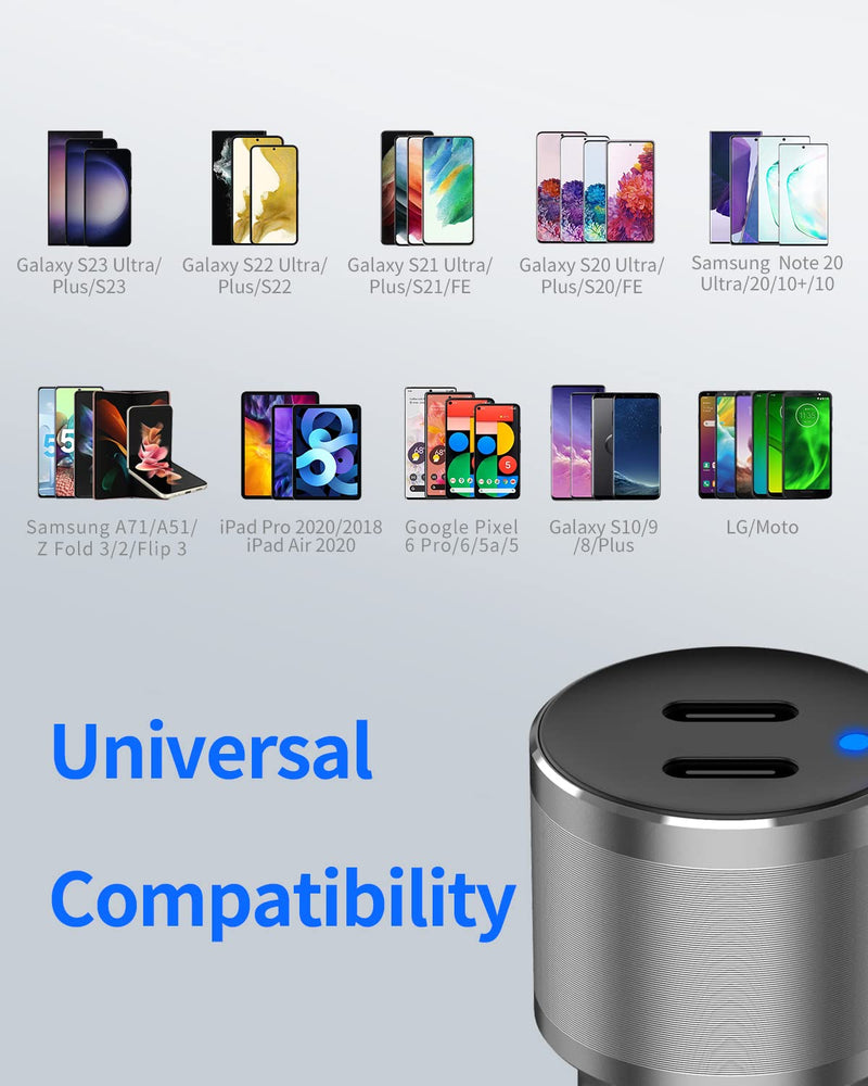Dual USB C Car Charger, 60W PD (30W + 30W) Super Fast Charging Adapter Metal for iPhone 15 Pro Max, Samsung Galaxy S24 Ultra/S24 Plus/S24/S23/S22/S21, Note 20/10, iPad Pro + 2X Type C to C Cable 3.3Ft Gray
