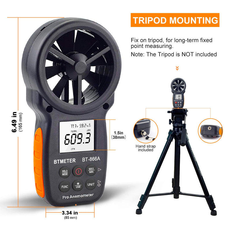 BTMETER BT-866A HVAC Anemometer for CFM Air Flow Handheld CFM Meter Connec to PC via USB Data Reading, Wind Speed Meter with Backlight for Kite Flying Sailing Surfing BT-866A (Air Flow Meter)