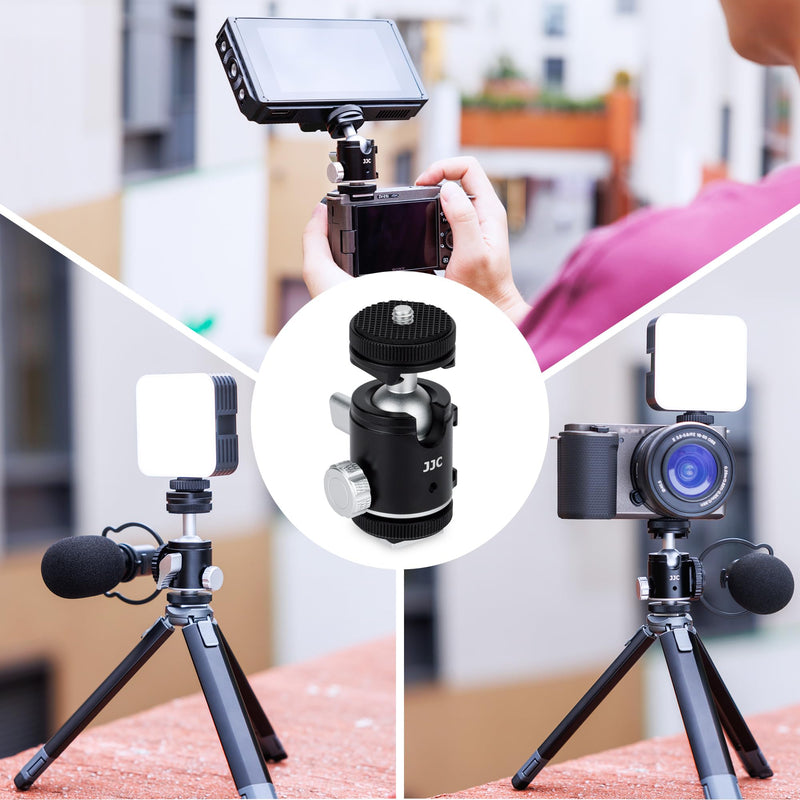 [AUSTRALIA] - JJC 1/4''-20 Camera Tripod Ball Head Mount Adapter, Mini Ballhead with Cold Shoe Mount for Camera DSLR Tripod Selfie Stick LED Light Flash Microphone Phone Cage, 360-Degree Rotation, 90-Degree Tilt Ball Head with 2 Cold Shoe Mount 