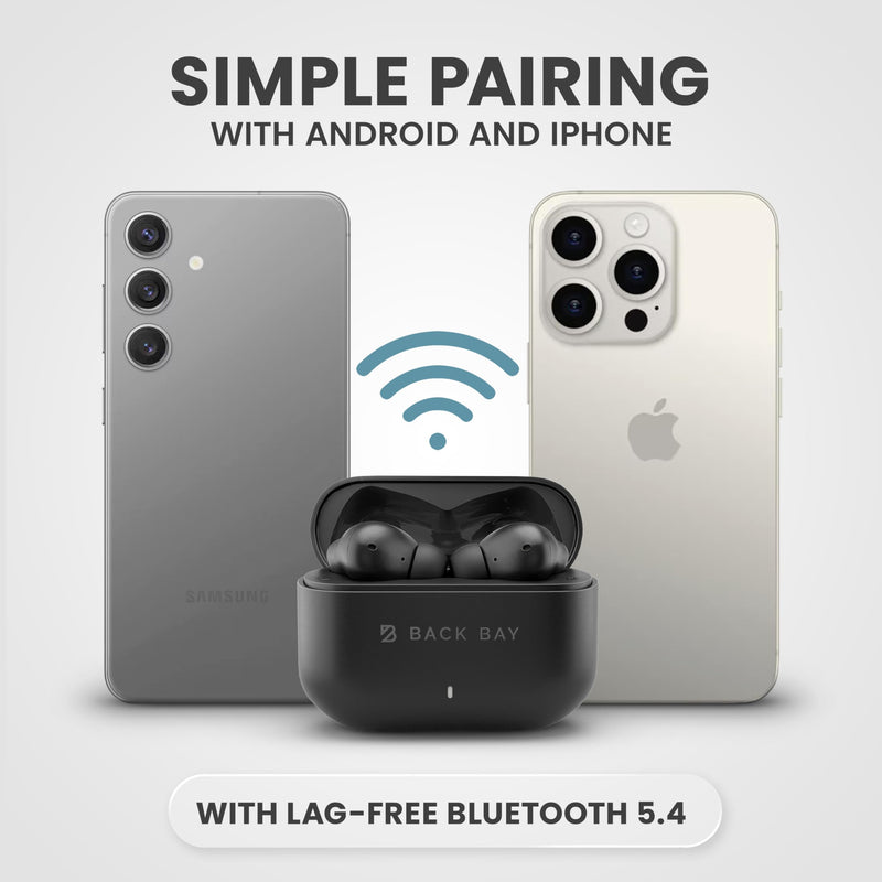 Back Bay Audio True Wireless Earbuds Noise Cancelling Earbuds, Premium ANC | Deep Noise Cancelling Earpods, Bluetooth 5.4 Ear Buds, iPhone and Android Active Earphones with ANC Sound Blocking Black