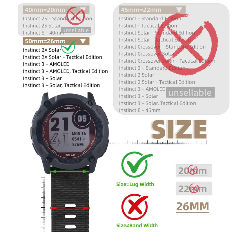 for Garmin Instinct 2X Watch Band/Instinct 3 50mm Watch Band – Rugged Nylon Tactical Strap for Instinct 2X Solar, AMOLED, Replacement Band Black + Khaki + Army Green Instinct 50mm Models