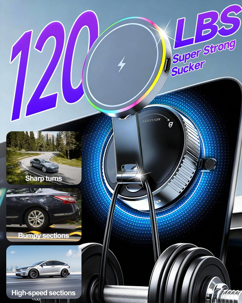 for Magsafe Car Mount Charger 15W Fast Charging Wireless Car Charger Holder | [120LBS Suction &3800gf Magnet] 780° Adjustable, Vacuum Magnetic Phone Holder for Your Car for iPhone & Android, Metal Stand