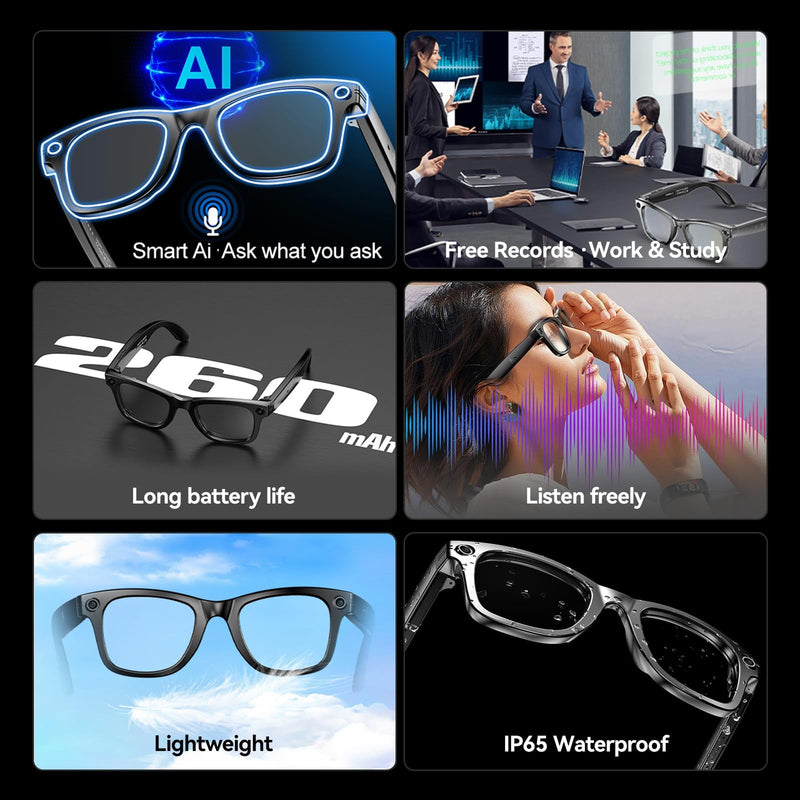 AI Smart Glasses with HD Camera- AI Photo Recognition and Interactive Dialogue, Noise-canceling, and Long Battery Life | Stylish Black Frame and Lenses (White) White