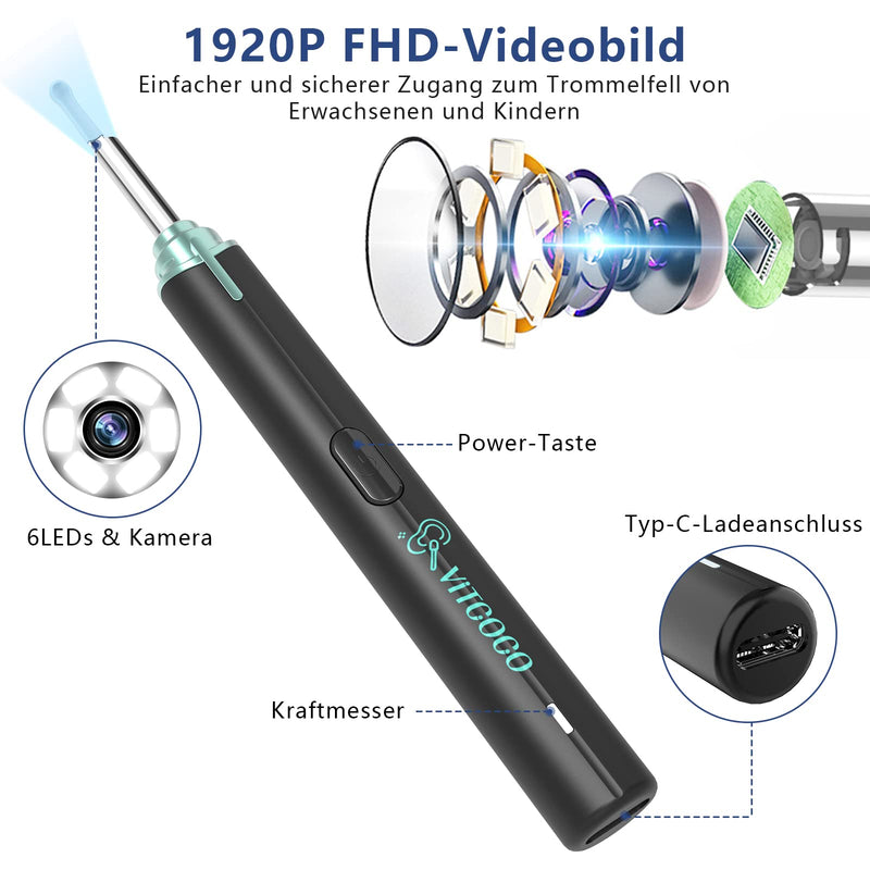 [AUSTRALIA] - Earwax Remover Otoscope, VITCOCO 1920P WiFi Ear Cleaner, IP67 Waterproof Otoscope Ear, 360° Wide Angle Otoscope Camera with 6 LEDs for Adults, Children and Pets (Black) Black 