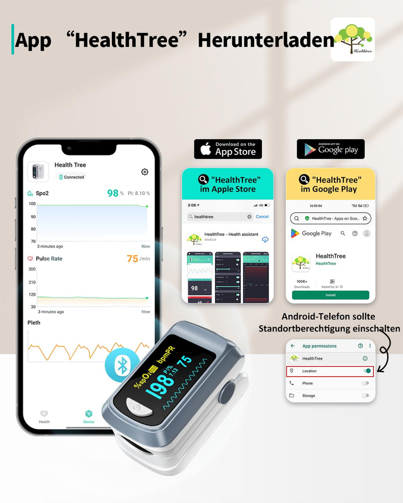 HealthTree Blood Oxygen Saturation Monitor and Heart Rate Monitor for Apple and Android with OLED Screen Included, 2 AAA Batteries and Lanyard Grey