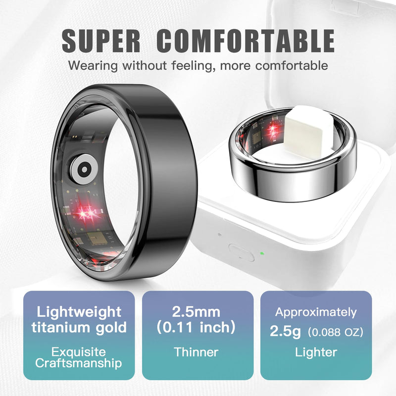 Smart Ring Health Tracker for Women Men, Sleep Tracker with Heart Rate and Blood Oxygen, Fitness Ring for Activity Monitoring, 15 Days Battery, No Subscription, Titanium Alloy(Black, #8)
