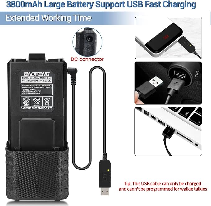 BaoFeng UV-5R Radio 8W Ham Radio Handheld Long Range Two-Way Radio Rechargeable Walkie Talkies for Adults with 3800mAh Battery and USB Charger Cable Black-1Pack+ 18.8" Antenna