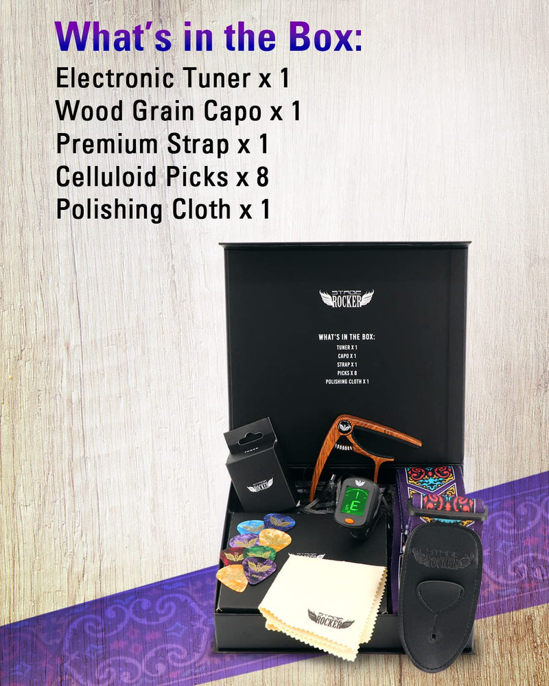 Stage Rocker Guitar Accessories Gift Box for Acoustic and Electric Guitars, 5-in-1 Essential Gift Purple