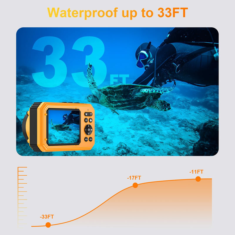 4K Underwater Camera 64MP 33FT Waterproof, 32GB Card Dual-Screen Dustproof | Suitable for Snorkeling, Vacation, UHD Autofocus Point-and-Shoot, Compact , Floatable, 1500mAh Battery, Type-C, Yellow
