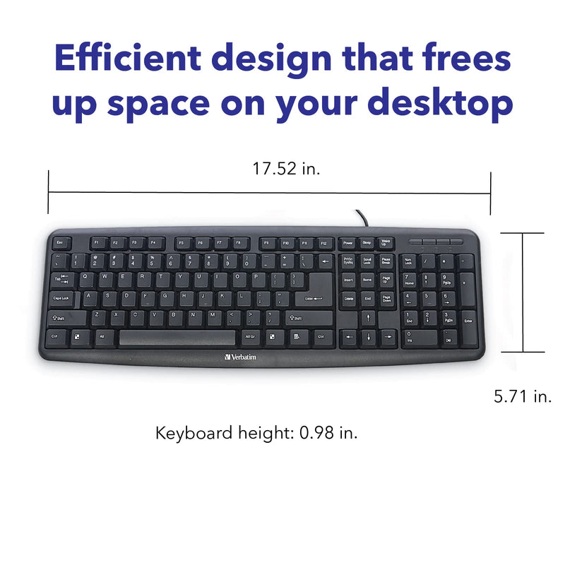 Verbatim Slimline Full Size Wired Keyboard USB Plug-and-Play Compatible with PC, Laptop - Frustration Free Packaging Black