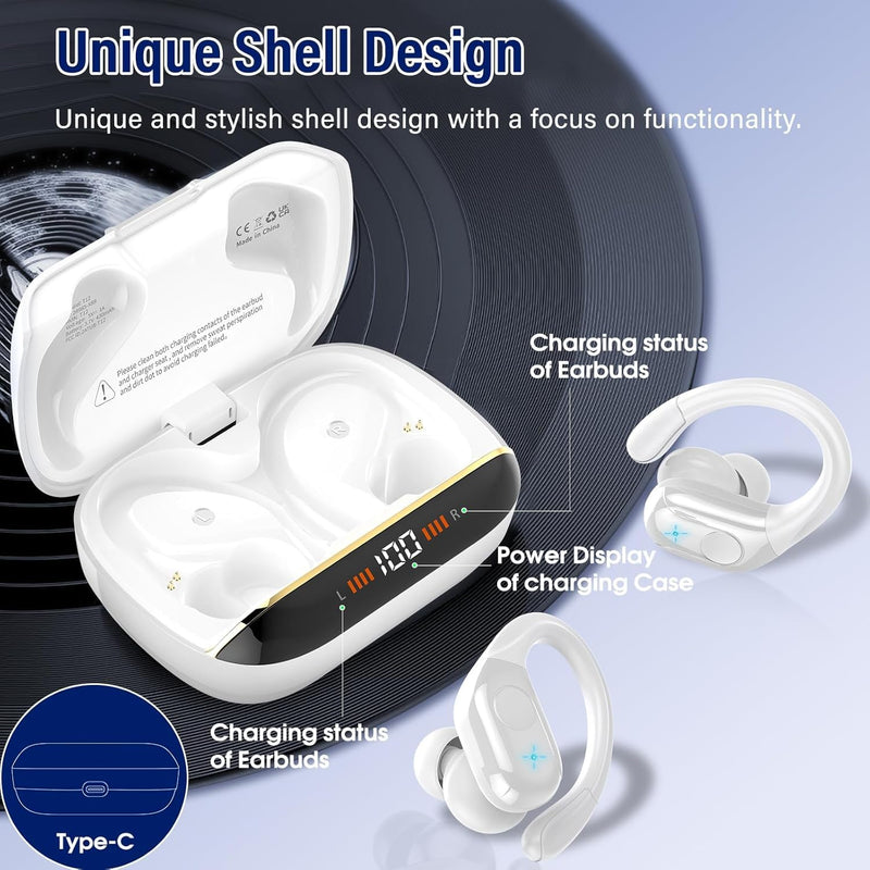 Qecnato Wireless Earbuds Bluetooth 5.4 Headphones 75H Stereo Deep Bass Sports Over Ear Buds with Earhooks, LED Display Bluetooth Earbuds with 4 ENC Mic, IP7 Waterproof Earphone for Running, White