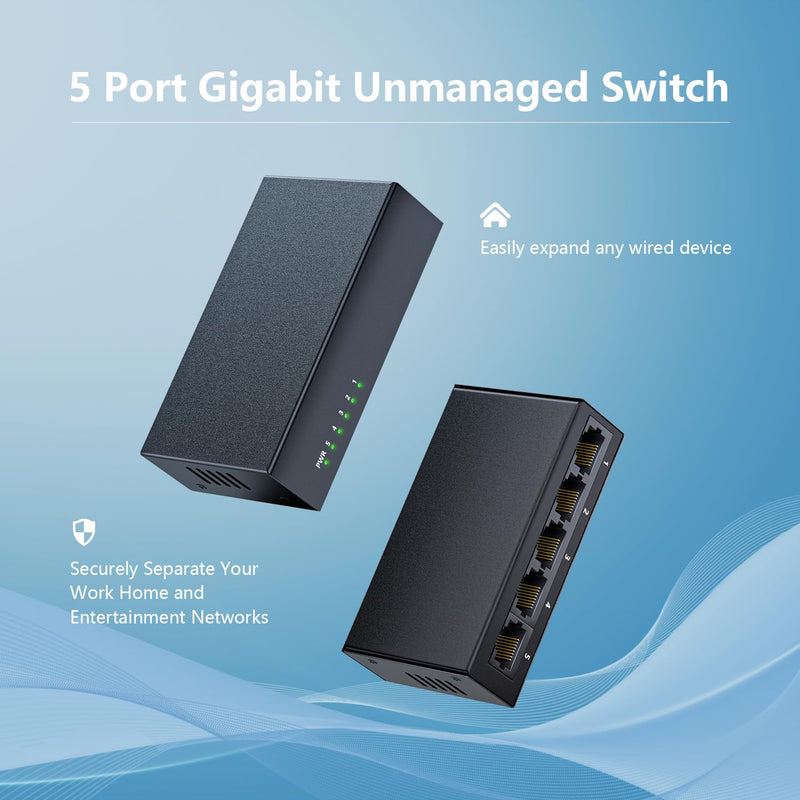 5-Port Gigabit Ethernet Switch, Unmanaged Home Network Switch Hub, Ethernet Splitter | Auto-Sensing Ports | Plug-and-Play | Silent Operation | Black Metal Case | Limited Lifetime Protection BLY-5GE