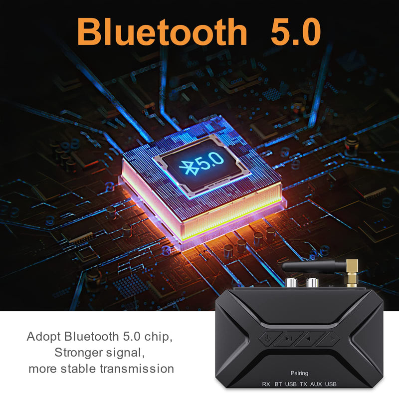 JXTZ Bluetooth Transmitter Receiver, 3 in 1 Bluetooth 5.0 Aux Audio Adapter with USB/RCA/AUX Output for Music Streaming Sound System, Bluetooth Receiver for Home Stereo/TV/Car/PC/Headphone/Speaker Black