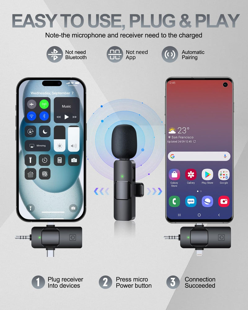[AUSTRALIA] - PQRQP 3 in 1 Professional Wireless Lavalier Microphone for iPhone, Android, Camera, Wireless Microphones, Mini Microphone, Crystal Clear Sound Quality for Recording, Live Streaming, Microphone Clips Elegant Black 