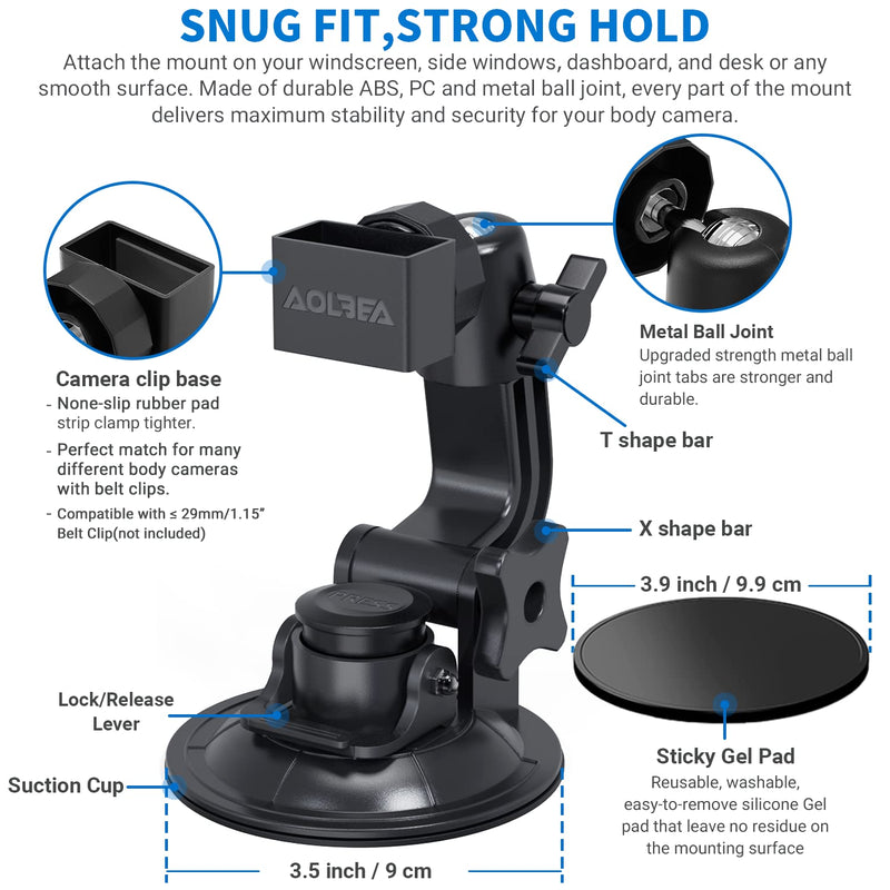 Body Camera Suction Cup Mount with Easy Remove Washable Reuable Magic Sticky Gel Pad for P100 and Widely Compatible with Other Body Camera Perfect for Car Windshield, Window, Glass, Dashboard