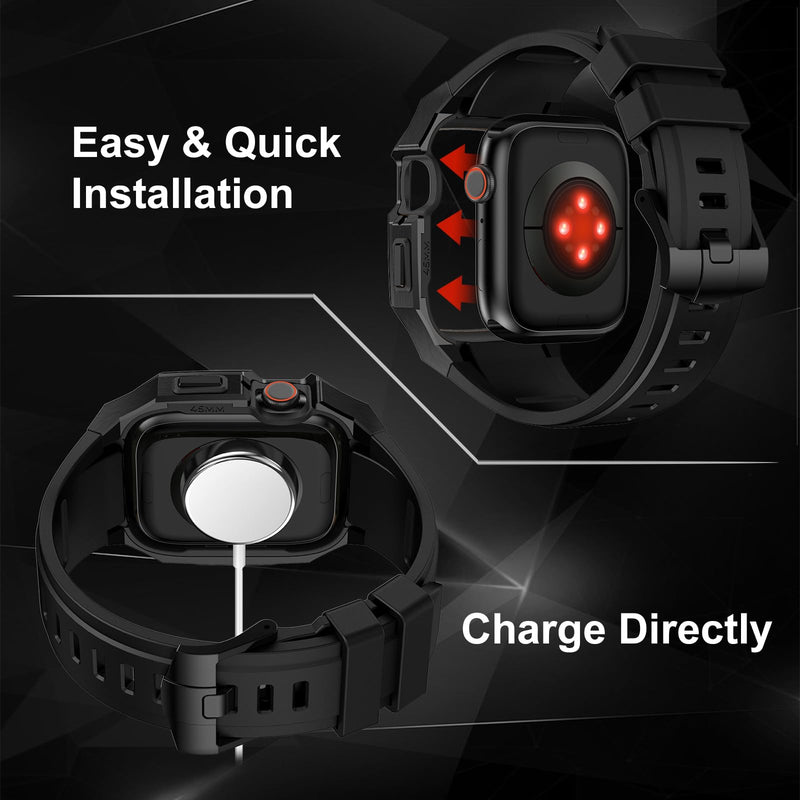 Luxury Metal Case with FKM Band for Apple Watch Ultra 3/2/1 49mm & 44-46mm | Stainless Steel Rugged Case,Soft Fluoroelastomer Strap,Classic Men Design for Business/Sports/Leisure,Skin-Friendly & Durable Black