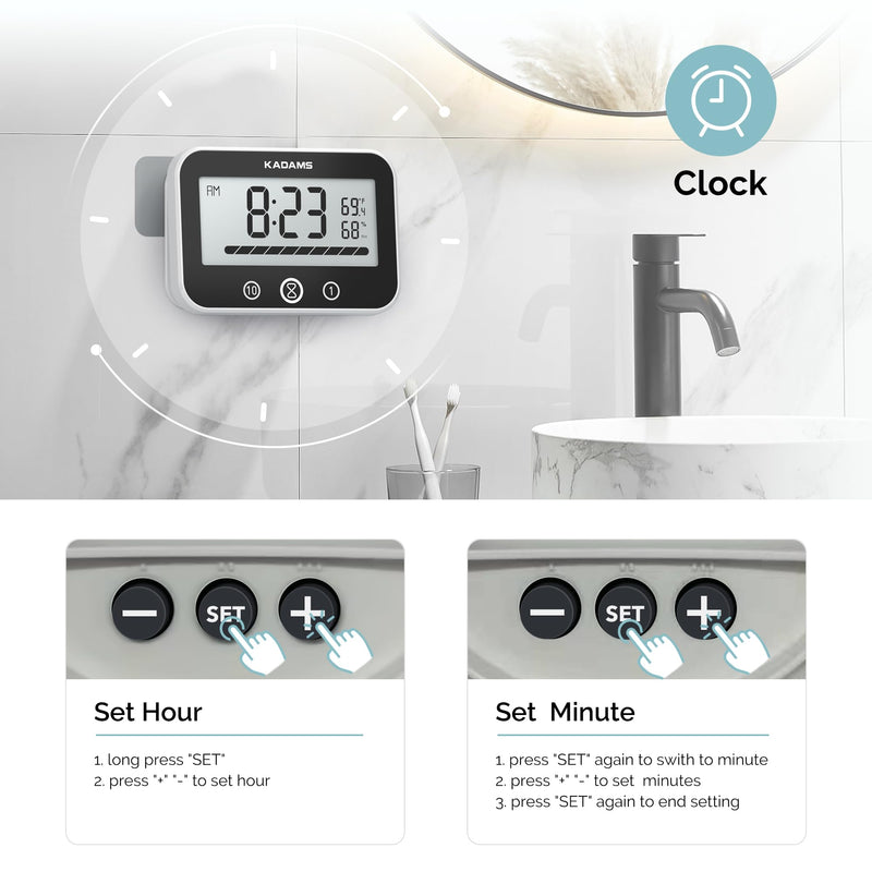 KADAMS Shower Timer Clock Waterproof Bathroom Timer – Digital Wall Clock with Countup & Countdown, Kitchen Clock with Temperature, Suction Cup for Kids Shower Spa Cook Bath (Black, Rectangular)