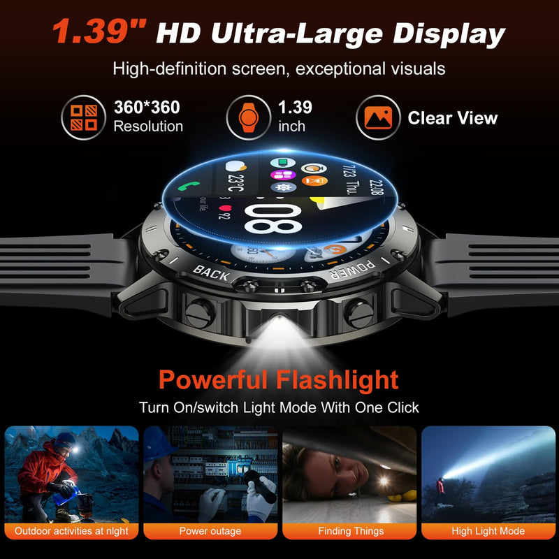 Smart Watch for Men Fitness Tracker: Bluetooth Waterproof Make Answer Call Digital Mens Watches Running Step Pedometer Smartwatch for Android Phones iPhone Samsung Compatible Sleep Heart Rate Monitor Black