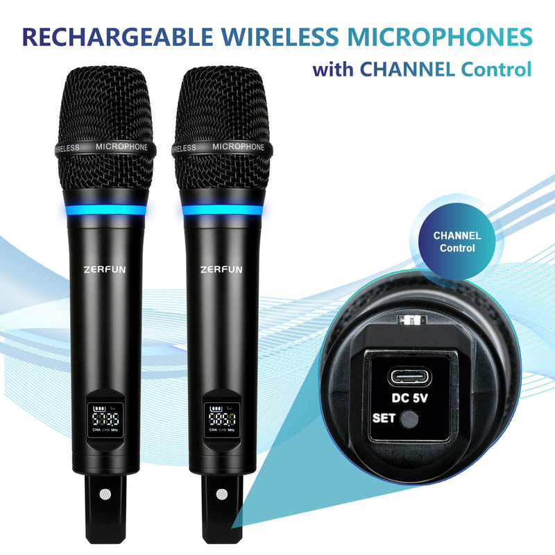 2 Channel Rechargeable Wireless Microphone System, Pro UHF Metal Handheld Wireless Microphones Cordless Mics with Mini Receiver, Channel Control for Karaoke Singing Church Rechargeable WM-2 2 Handheld