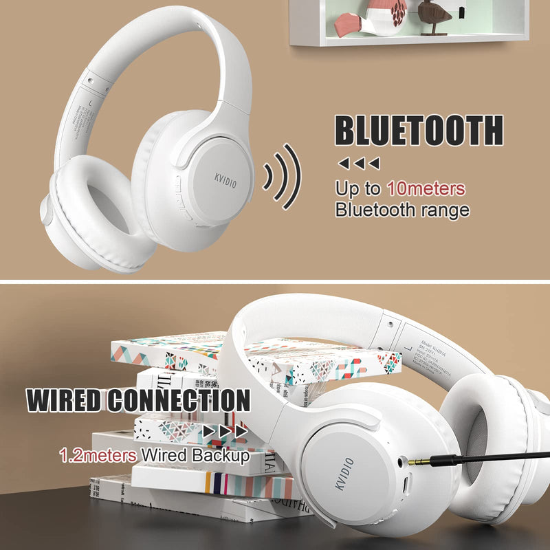 KVIDIO Bluetooth Headphones Over Ear, 65 Hours Playtime Wireless Headphones with Microphone, Foldable Lightweight Headset with Deep Bass, HiFi Stereo Sound Low Latency for Laptop PC Cellphone White