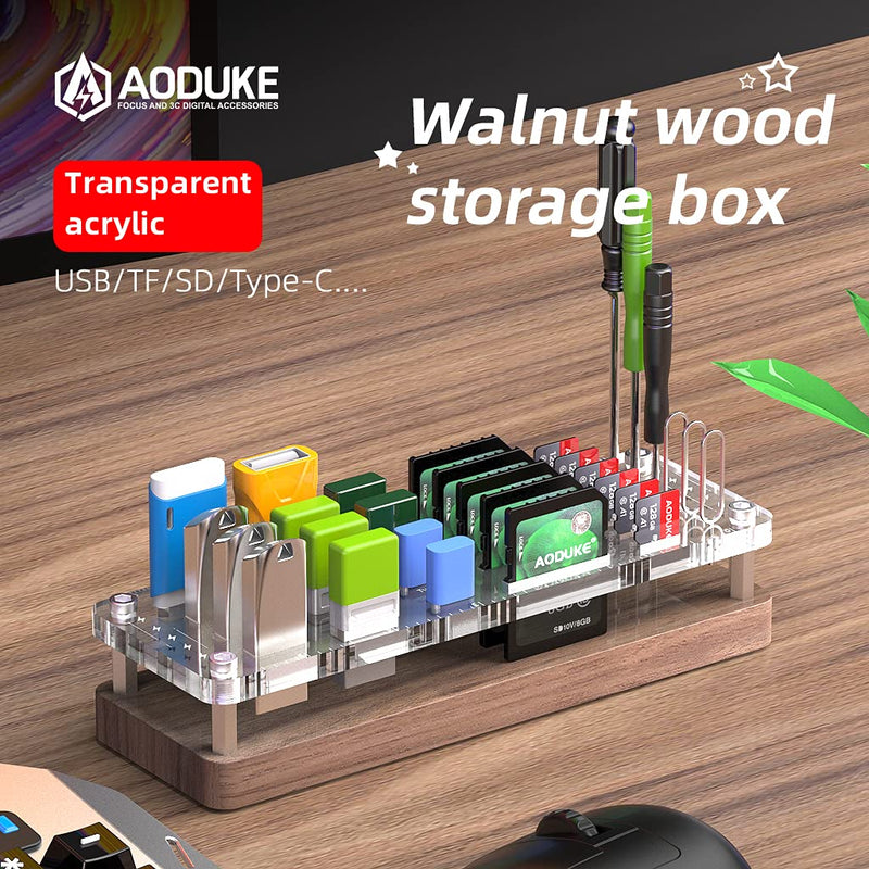 AOJUE Wooden Memory Card Case TF Cards Box and USB Drive / SD Card Holder Desk,Micro SD Card Case,Memory Card Case, Memory Card Carrying Case -AJSNH02MY pure walnut wood + transparent acrylic