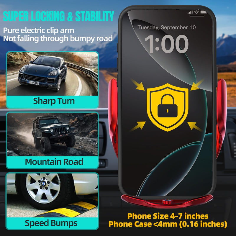 Wireless Car Charger, MAX 15W Fast Charging Auto Clamping, Sensing Phone Holder Mount, fit for iPhone 16 15 14 13 12 Pro Max Xs X, Samsung Galaxy S24 Ultra S23 S22 S21 S20 Note20 (4-Red) 4-Red