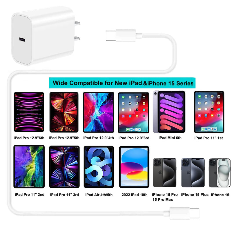 iPhone 15 Charger,iPad Pro Charger,20W USB C Fast Charger with 10FT Long Fast Charging Cord for iPhone 15 Pro Max/Plus,iPad Pro 12.9 5th/4th/3rd,11 inch 3/2nd,iPad Air 5th/4th,iPad Mini 6th,iPad 10th A-White