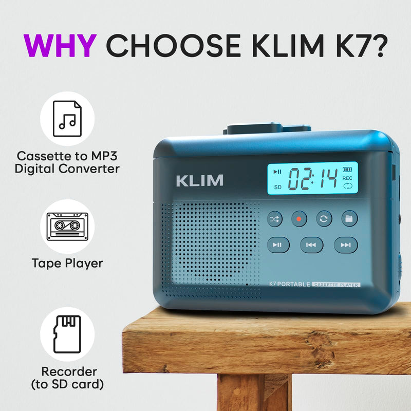 [AUSTRALIA] - KLIM K7 Cassette Tape Player - Cassette to MP3 Converter - Portable - Built-in Microphone & Speaker - Rechargeable Battery - Earphones - 16GB SD Card - Blue 