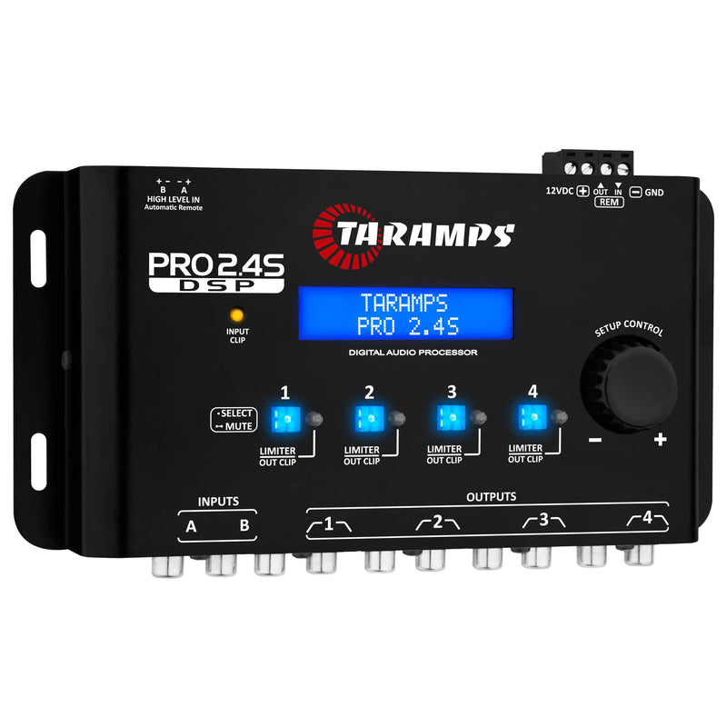 Taramps PRO 2.4S Car Audio DSP Equalizer 4 Channel Digital Crossover | Automotive DSP with 15-band EQ, active crossover, delay alignment, RCA & High-Level inputs for precise sound tuning. Black