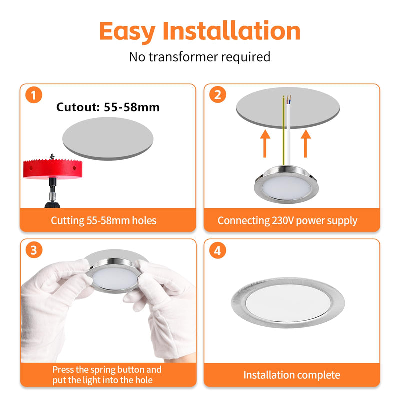 YindaLux Set of 3 LED Recessed Spotlights 230 V 3 W 3000 K Warm White Ultra Flat 300LM Bore Hole 55-58 mm and 15 mm Flat IP44 Furniture Recessed Light for Mirror Cabinet Brushed Nickel 3 Stück Brushed Stainless Steel 3000 K