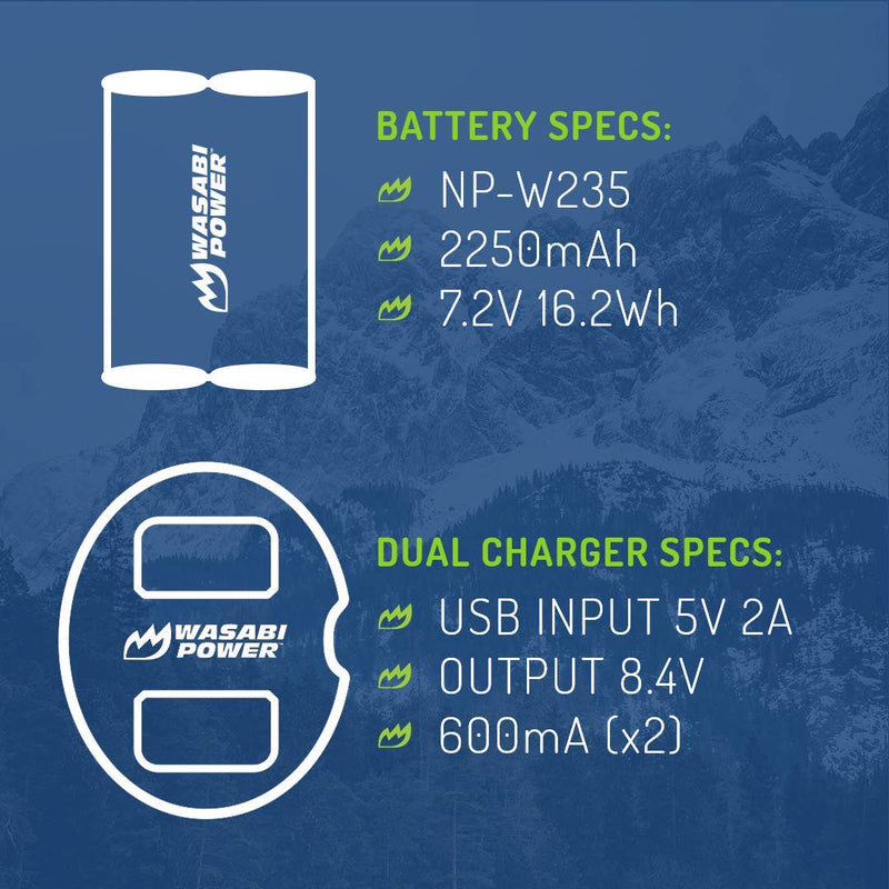 Wasabi Power Battery (2-Pack) & Dual Charger for Fujifilm NP-W235 & Compatible with Fujifilm X-H2S, GFX 50S II, GFX 100S, Fujifilm X-T4, VG-XT4 Vertical Battery Grip