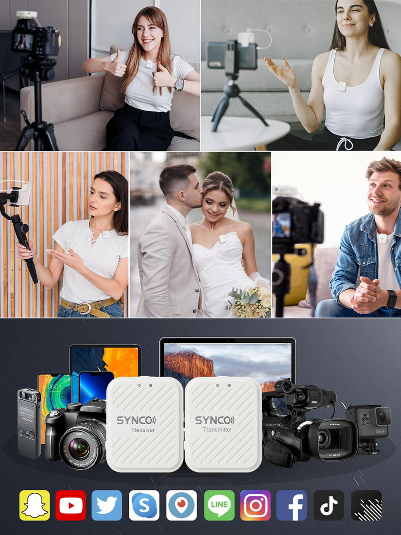 SYNCO Wireless Lavalier Microphone White, Microfonos Inalambricos Professional 3.5mm TRS 2.4GHz 70m Transmission Range Noise Cancellation Receiver and Transmitter