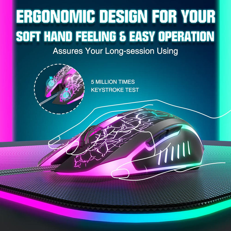 BENGOO Gaming Mouse Wired, Ergonomic Gamer Laptop PC USB Optical Computer Mice with RGB Backlit, 4 Adjustable DPI Up to 3600, 6 Programmable Buttons for Windows 7/8/10/XP Vista Linux -Black