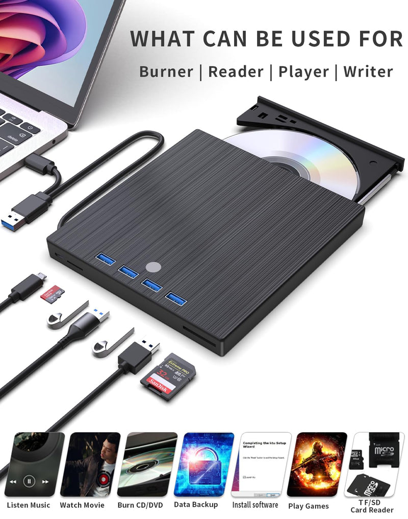 9 in 1 External CD DVD Drive, USB 3.0 and Type-C Disc Reader Burner Player | Optical Drive for PC Laptop Desktop MacBook Mac Windows Linux OS Apple Black