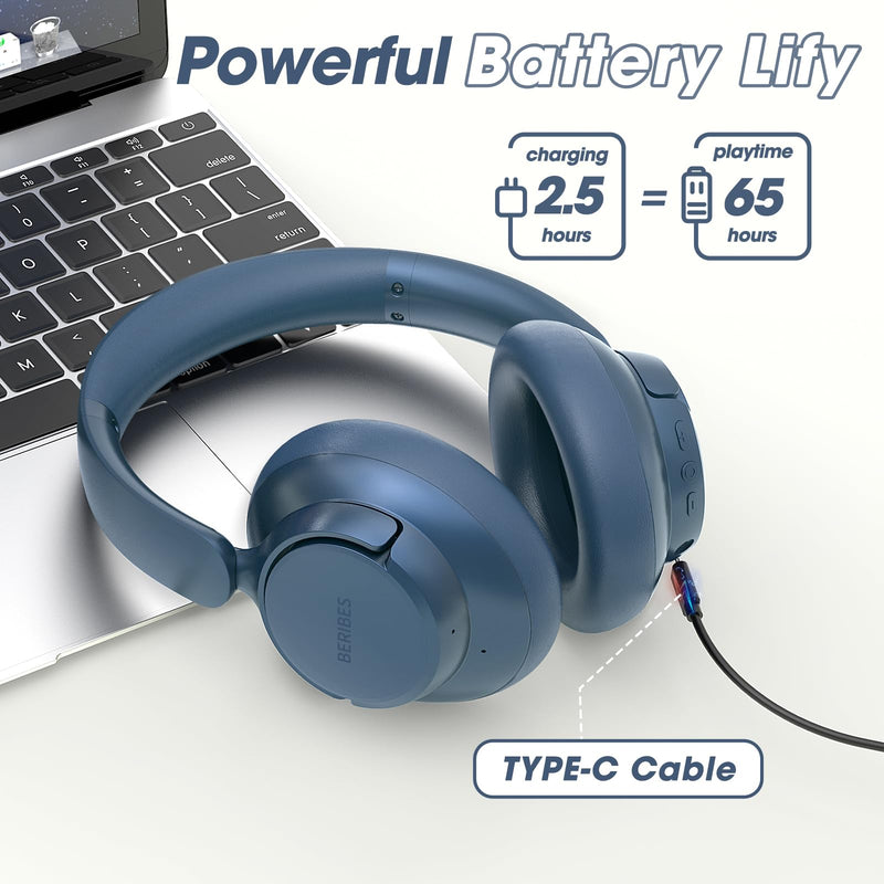 [AUSTRALIA] - BERIBES Upgraded Hybrid Active Noise Cancelling Wireless Headphones with Transparent Modes,65H Playtime Bluetooth Headphones Wireless with Mic, Deep Bass,3.5MM Cable,Soft-Earpads,Fast Charging-Blue Blue 