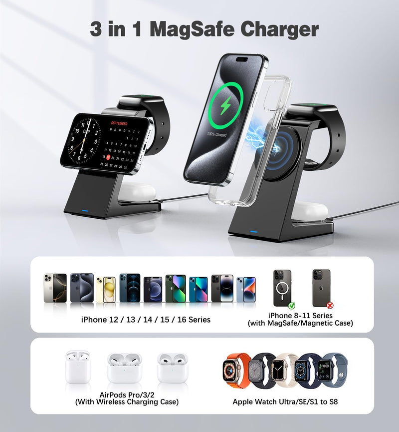 [AUSTRALIA] - 3 in 1 Magnetic Wireless Charging Station Apple 20W Mag-Safe Charger Stand Magnetic Wireless Charger for iPhone 16 15 14 13 12 Pro/Pro Max/Plus/Mini AirPods 2/3/Pro iWatch Ultra/8/7/SE/6/5/4/3/2 
