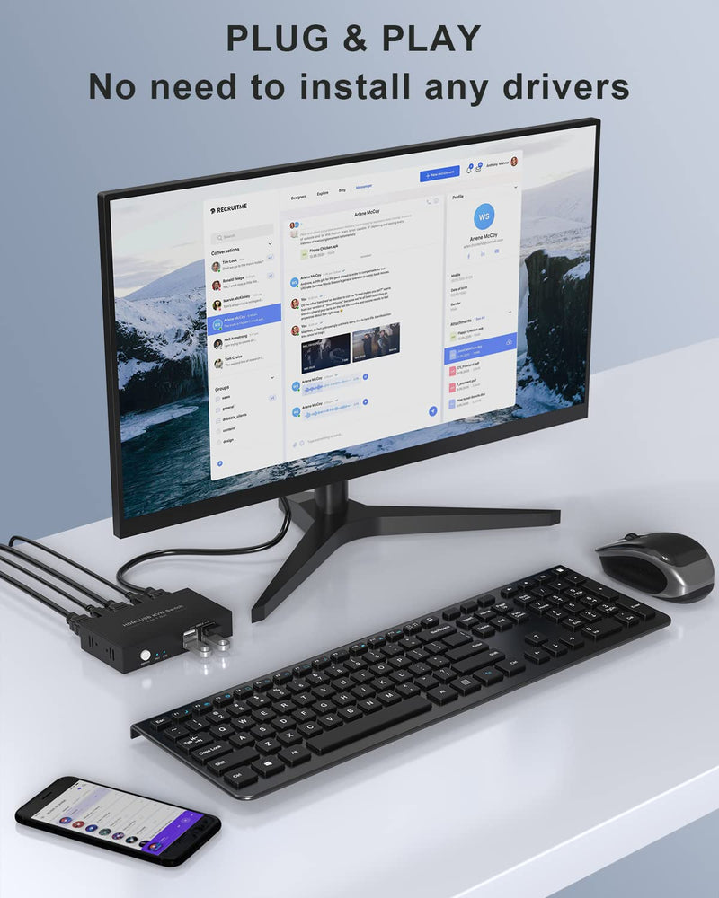 HDMI KVM Switch 1 Monitors 2 Computers, USB KVM Switches Sharing 4 USB, Support Wireless Keyboard and Mouse, Powered by USB, with 2 HDMI and 2 USB Cables…
