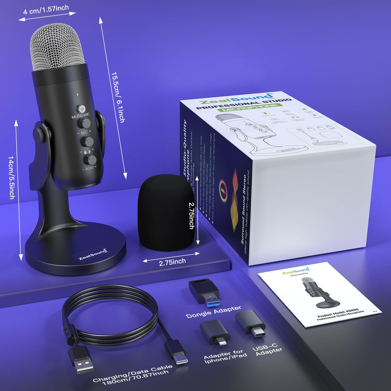 [AUSTRALIA] - ZealSound Wireless Microphone,USB Mic for iPhone PC iPad Android Phone-Cordless Condenser Desktop Microphones with Mute Echo Monitor Volume Gain 2.4GHz for Podcast,ASMR,Gaming,YouTube Video/K66 Black 