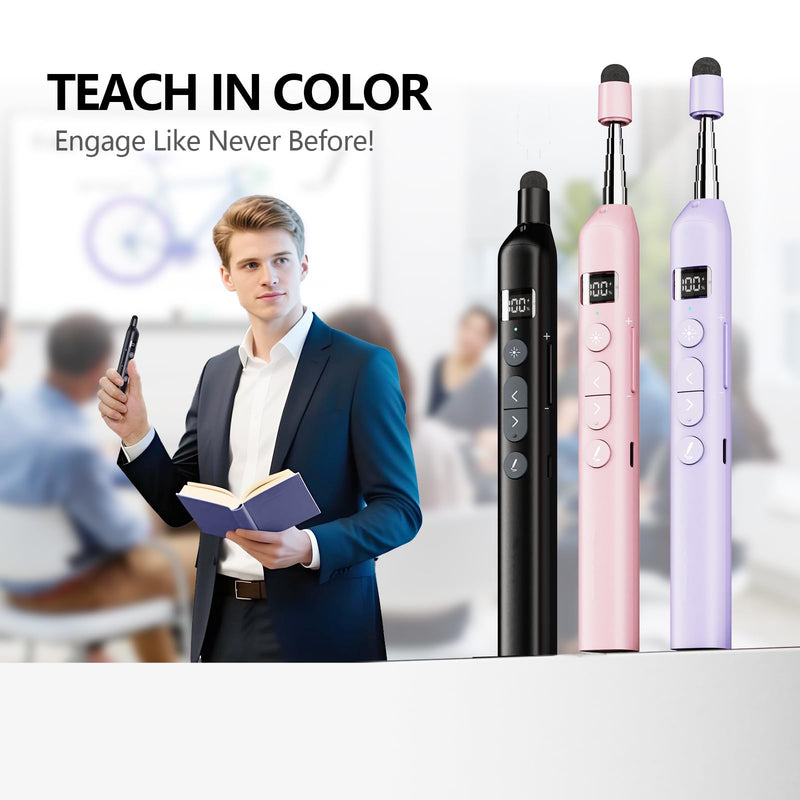 N21 Bluetooth Presentation Clicker for PowerPoint with Retractable Pointer | ①Laser Pointer②Telescopic touch pen③Countdown timer, vibration alert ④Customizable Button ⑤Rechargeable;battery level display Black - Green Pointer