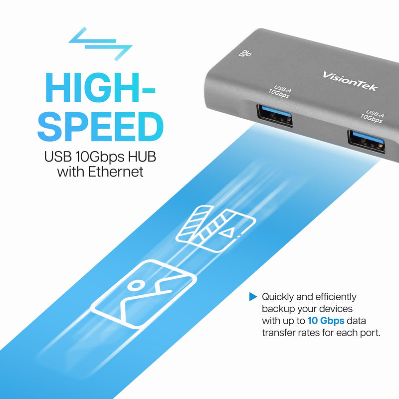 VisionTek USB-C Hub, 3-Port, Gigabit Ethernet Adapter, 10Gbps USB-C & USB-A | Plug and Play, 10Gbps 3-Port USB C Hub, 1x USB-C & 2x USB-A Data Adapter, Driverless Dongle for MacBook, Laptop & PC