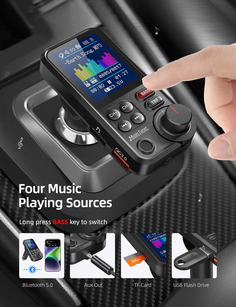 Nulaxy FM Bluetooth Transmitter for Car, Strong Microphone Bluetooth Car Adapter with 1.8" Color Screen for Hands Free Calls, Supports QC3.0 Charging, Treble and Bass Sound Music Player- KM30 Black