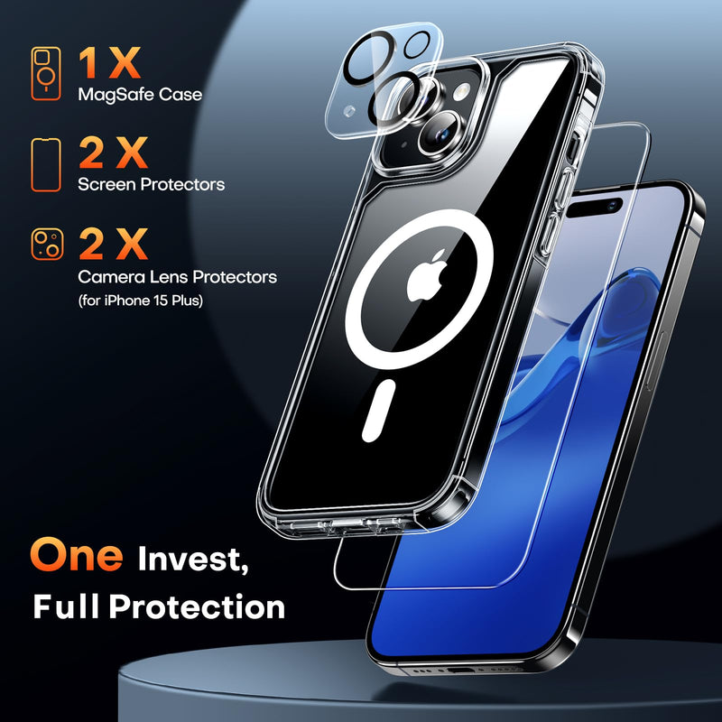 TAURI for iPhone 15 Plus Case, Compatible with Magsafe [Yellowing Resistant] with 2X Screen Protector + 2X Camera Lens Protector, Military-Grade Protection, Slim Magnetic Phone Case, Clear for iPhone 15 Plus 6.7" A-Clear