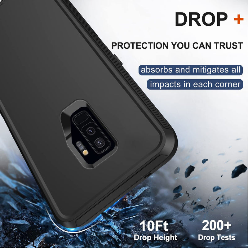 for Samsung Galaxy S9 Plus Case with Belt Clip Holster, 2X Screen Protector, Military Grade Protection Heavy Duty Full Body Shockproof Rugged Protective Cover for Samsung Galaxy S9+ Plus (Black) Black