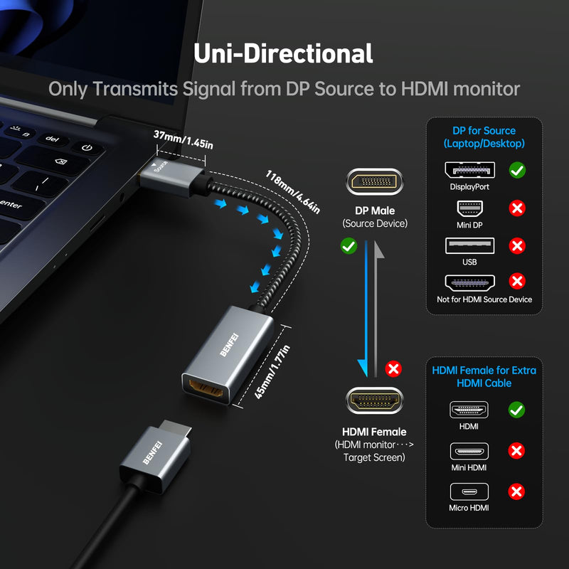 BENFEI 4K DisplayPort to HDMI Adapter Cable, (2K 60Hz, 1080p 120Hz) Uni-Directional Display Port to HDMI Monitor Converter Compatible for HP, Dell, GPU, AMD, NVIDIA, More. Male to Female 1 Grey