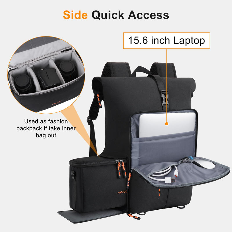 MOSISO Camera Backpack with Camera Bag Insert, Photography Backpack | Expandable Roll Top Compartment, Soft Camera Padded Bag Insert with Rain Cover&Shoulder Straps for Canon/Nikon/Sony, Black
