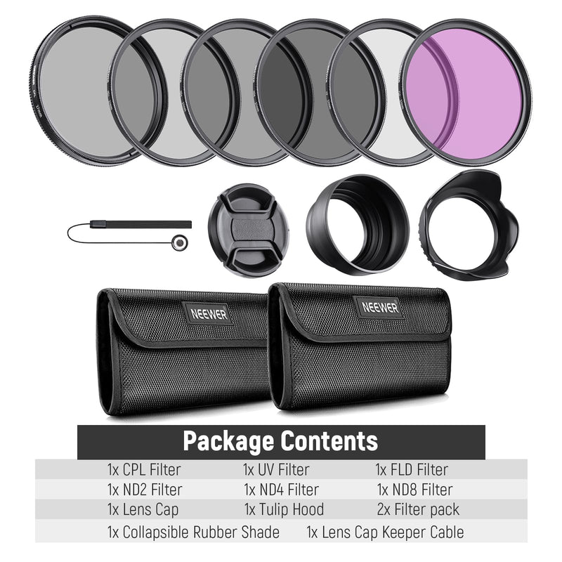 NEEWER 37mm Lens Filter Kit: UV, CPL, FLD, ND2, ND4, ND8, Lens Hood and Lens Cap Compatible with Canon Nikon Sony Panasonic DSLR Cameras with 37mm Lens UV+CPL+FLD+ND2+ ND4+ND8